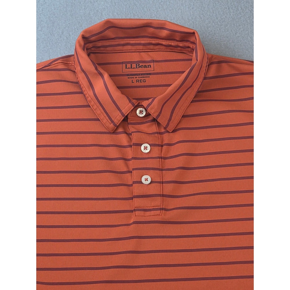 LL Bean Polo Shirt Slightly Fitted Regular Men's Large Orange Maroon Striped